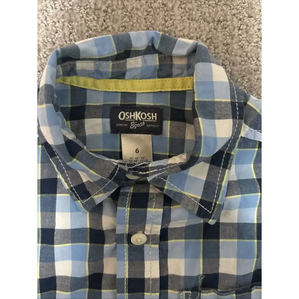 Osh Kosh Blue Plaid Button-down Shirt Size 6. Boys Long Sleeve Cotton Collared